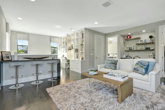 living room featuring dark wood-type flooring