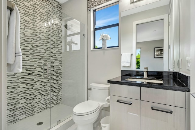 bathroom with vanity, toilet, and a shower with shower door