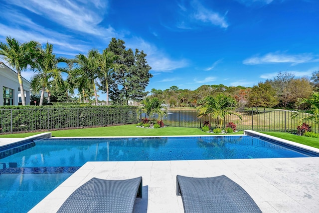 view of pool featuring a water view