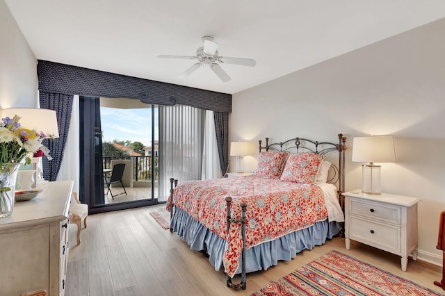 bedroom with access to exterior, light hardwood / wood-style flooring, and ceiling fan