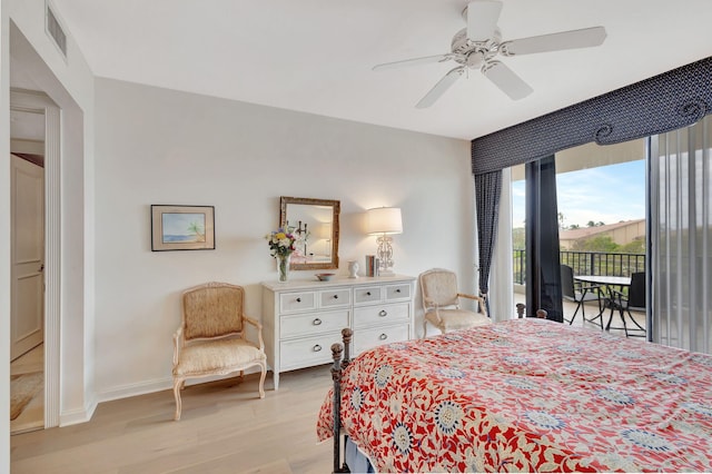 bedroom with ceiling fan, access to exterior, and light hardwood / wood-style flooring