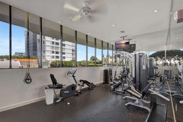 exercise room featuring a wealth of natural light and ceiling fan