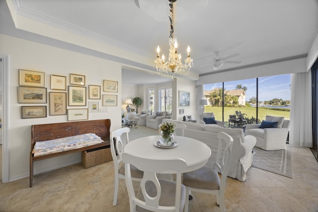 dining space with ceiling fan with notable chandelier and ornamental molding