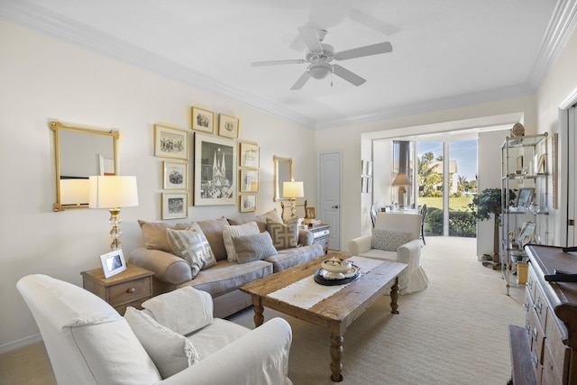 carpeted living room featuring crown molding and ceiling fan