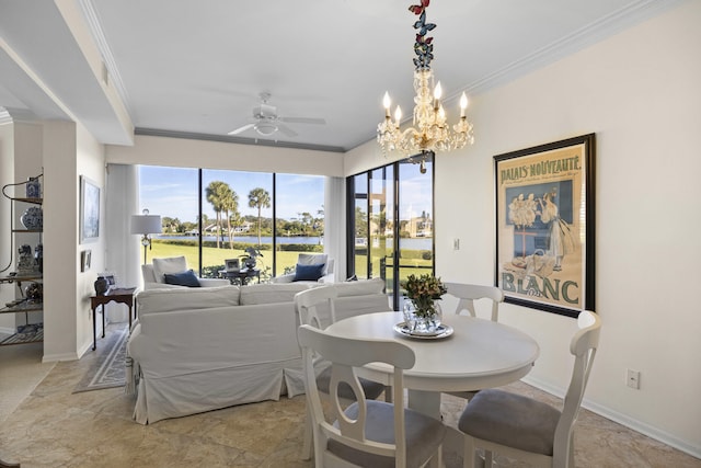 dining area with ornamental molding and plenty of natural light