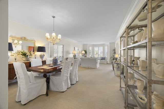 dining area featuring light carpet, a notable chandelier, and ornamental molding