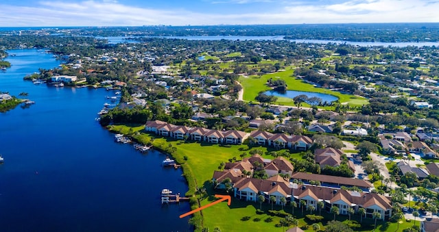 bird's eye view with a water view