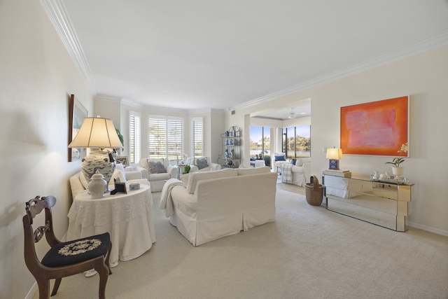 carpeted living room with ornamental molding