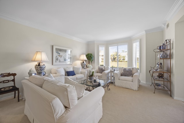 carpeted living room with crown molding