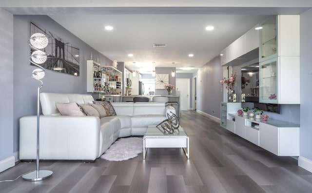 living room featuring dark wood-type flooring