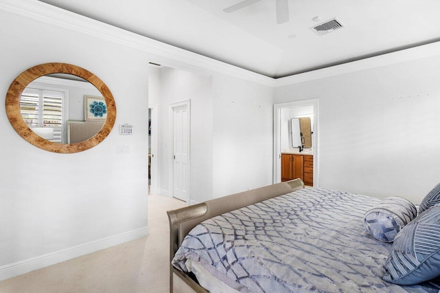 bedroom with ceiling fan, crown molding, and light carpet