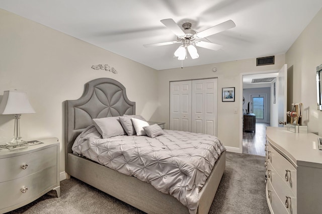 bedroom featuring carpet floors, a closet, and ceiling fan