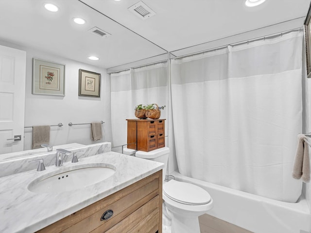 3000 S Ocean Blvd Unit 1504, Boca Raton, FL 33432 - full bathroom featuring vanity, shower / tub combo with curtain, toilet, and recessed lighting