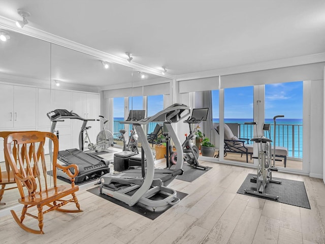 gym with crown molding, a water view, and light wood-type flooring