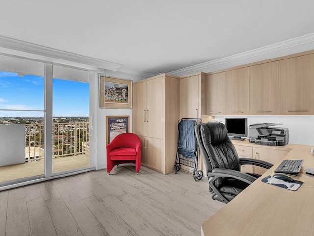 home office featuring expansive windows, ornamental molding, and light wood-type flooring