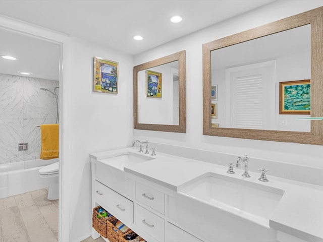 3000 S Ocean Blvd Unit 1504, Boca Raton, FL 33432 - full bathroom featuring double vanity, toilet, recessed lighting, shower / washtub combination, and marble look tile flooring