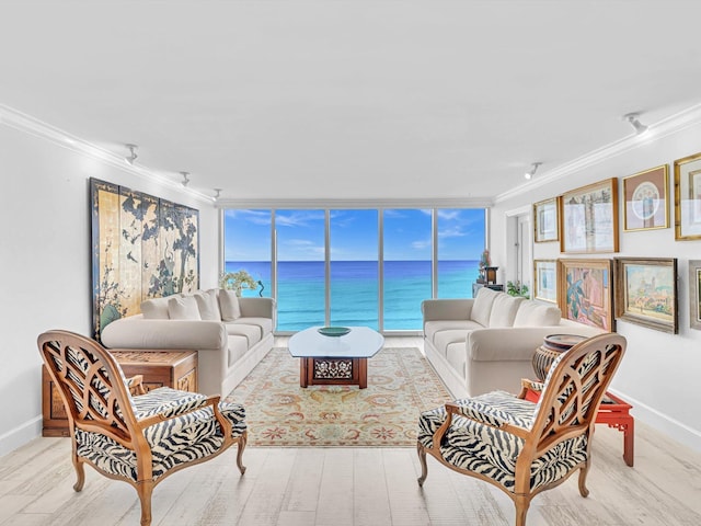 living room with a water view, ornamental molding, and expansive windows