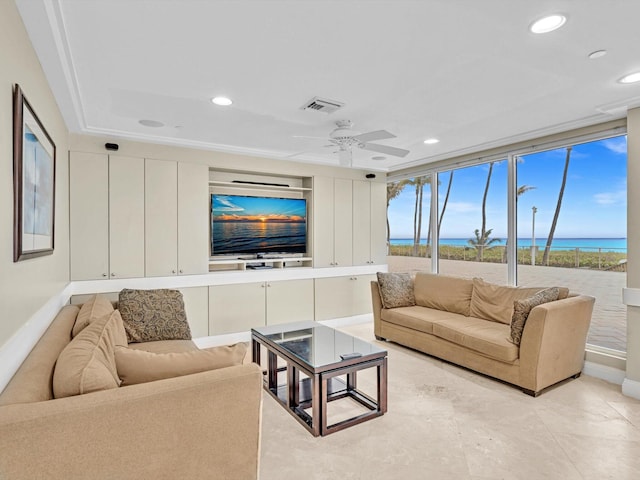 3000 S Ocean Blvd Unit 1504, Boca Raton, FL 33432 - living room featuring a ceiling fan, baseboards, and recessed lighting