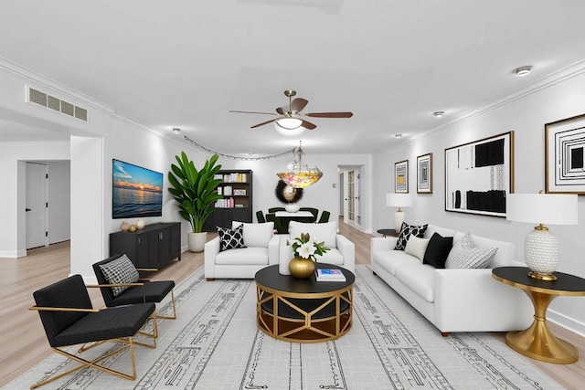 3000 S Ocean Blvd Unit 1504, Boca Raton, FL 33432 - living room with light wood-style flooring, a ceiling fan, crown molding, and baseboards