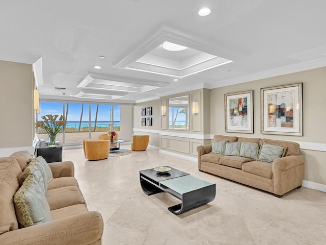 3000 S Ocean Blvd Unit 1504, Boca Raton, FL 33432 - living room featuring a tray ceiling, recessed lighting, and crown molding