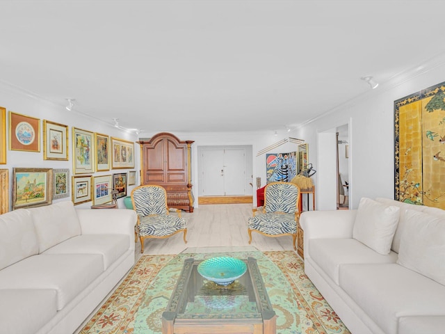 living room with crown molding and light wood-type flooring