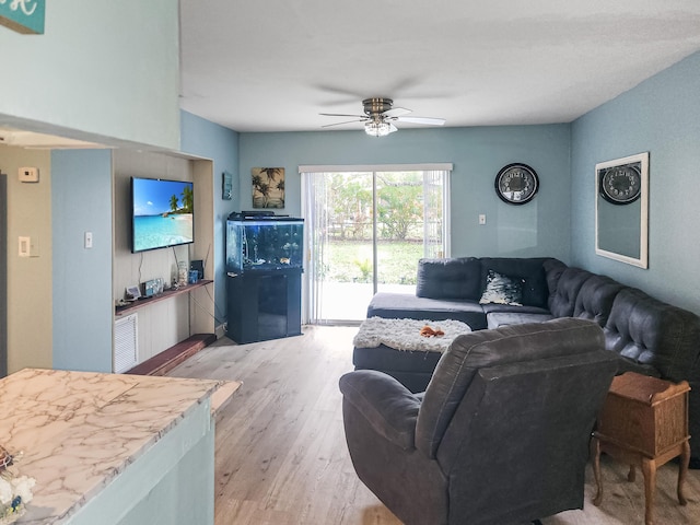 living room with ceiling fan and light hardwood / wood-style floors