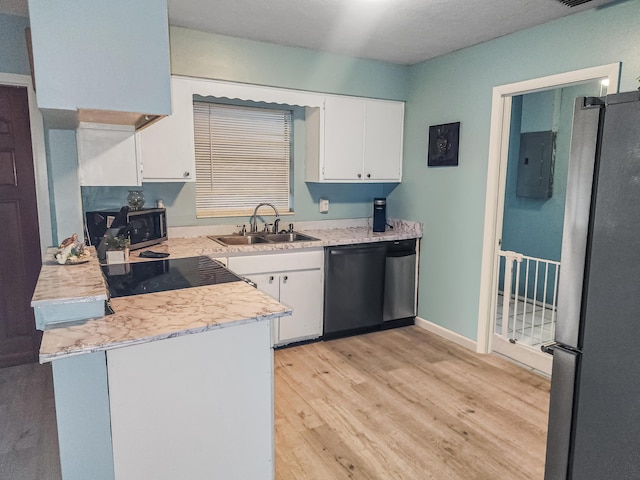 kitchen featuring white cabinetry, sink, electric panel, and black appliances