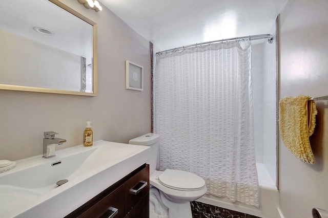 full bathroom featuring vanity, toilet, and shower / bath combo with shower curtain