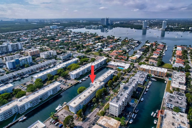 birds eye view of property featuring a water view