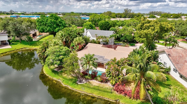 bird's eye view with a water view