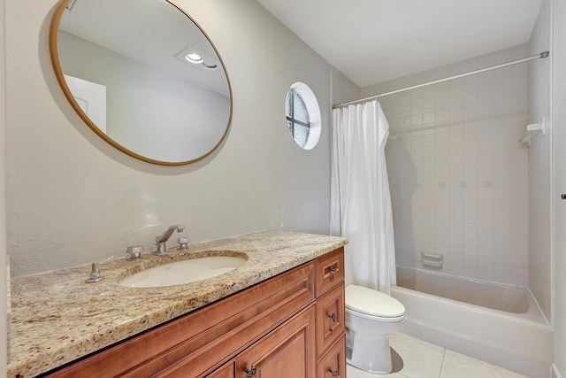 full bathroom featuring vanity, toilet, shower / tub combo, and tile patterned flooring