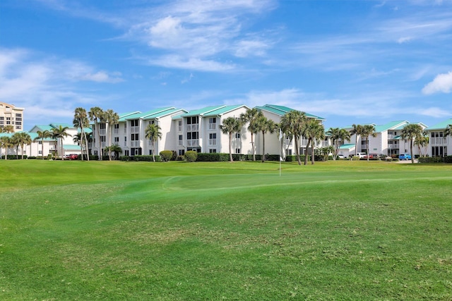 surrounding community featuring view of golf course and a lawn