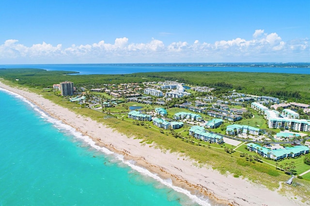 aerial view featuring a water view and a view of the beach