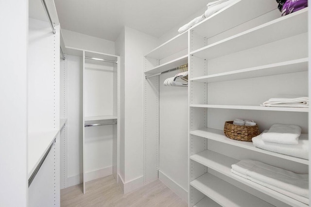 walk in closet with light hardwood / wood-style flooring