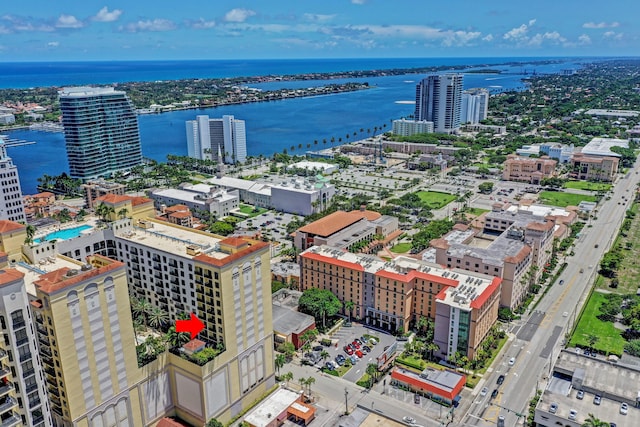 aerial view featuring a water view