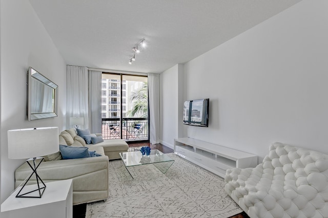 living room with expansive windows, rail lighting, a textured ceiling, and light hardwood / wood-style flooring