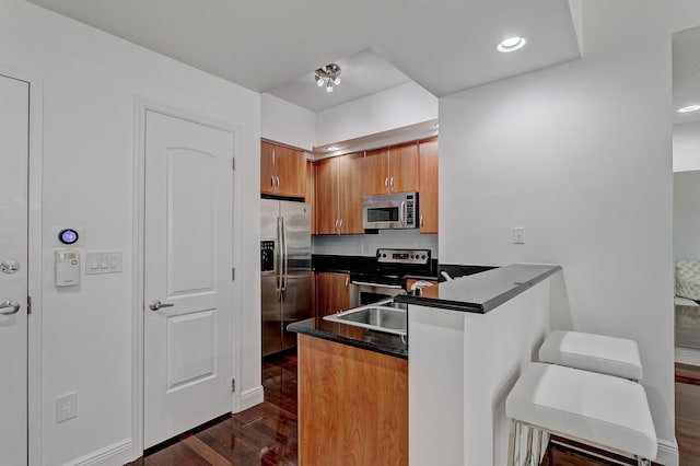 kitchen with sink, dark hardwood / wood-style floors, kitchen peninsula, and appliances with stainless steel finishes