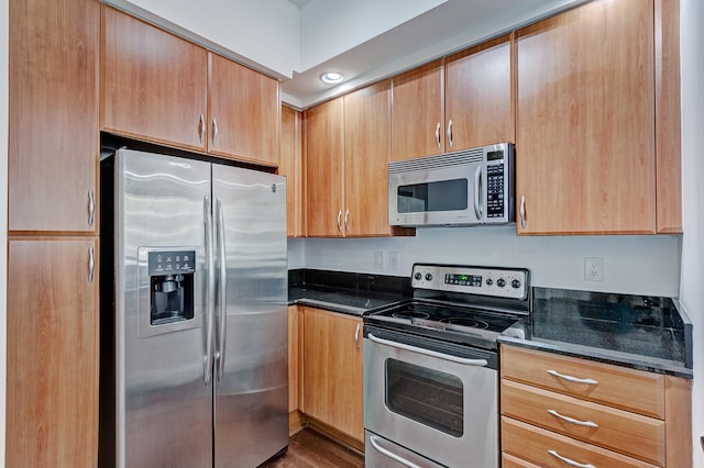 kitchen featuring stainless steel appliances and dark stone counters