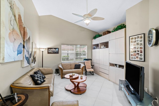 tiled living room featuring high vaulted ceiling and ceiling fan