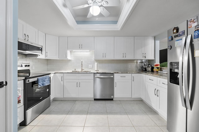 kitchen with a sink, white cabinetry, appliances with stainless steel finishes, a tray ceiling, and crown molding