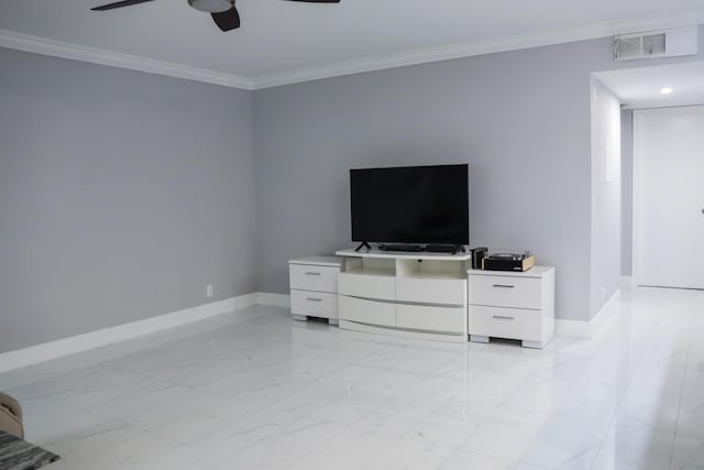 interior space with ceiling fan and ornamental molding