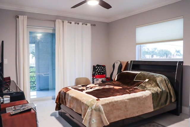 bedroom with ornamental molding and ceiling fan