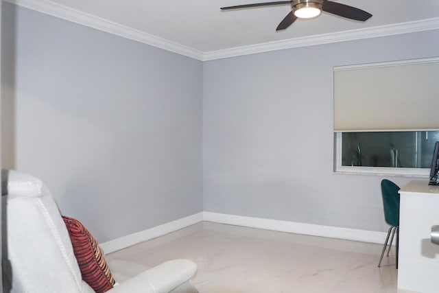 office area featuring ceiling fan and ornamental molding