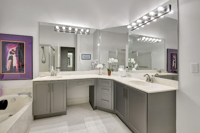 bathroom with tile patterned floors, plus walk in shower, and vanity