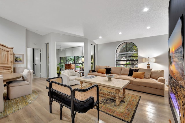 living room with a textured ceiling and light hardwood / wood-style flooring