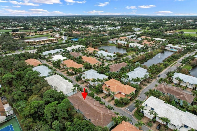 drone / aerial view featuring a water view