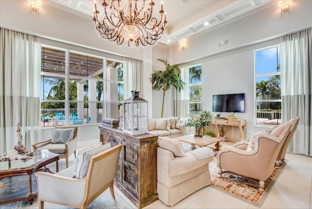 living room with coffered ceiling, light tile patterned floors, plenty of natural light, and a towering ceiling