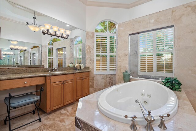 bathroom featuring vanity, crown molding, and tile walls