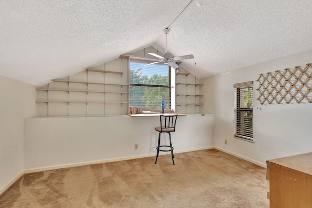 additional living space featuring ceiling fan, light carpet, and a textured ceiling