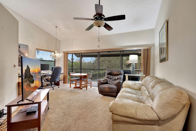 living room with high vaulted ceiling, carpet flooring, ceiling fan with notable chandelier, and a textured ceiling